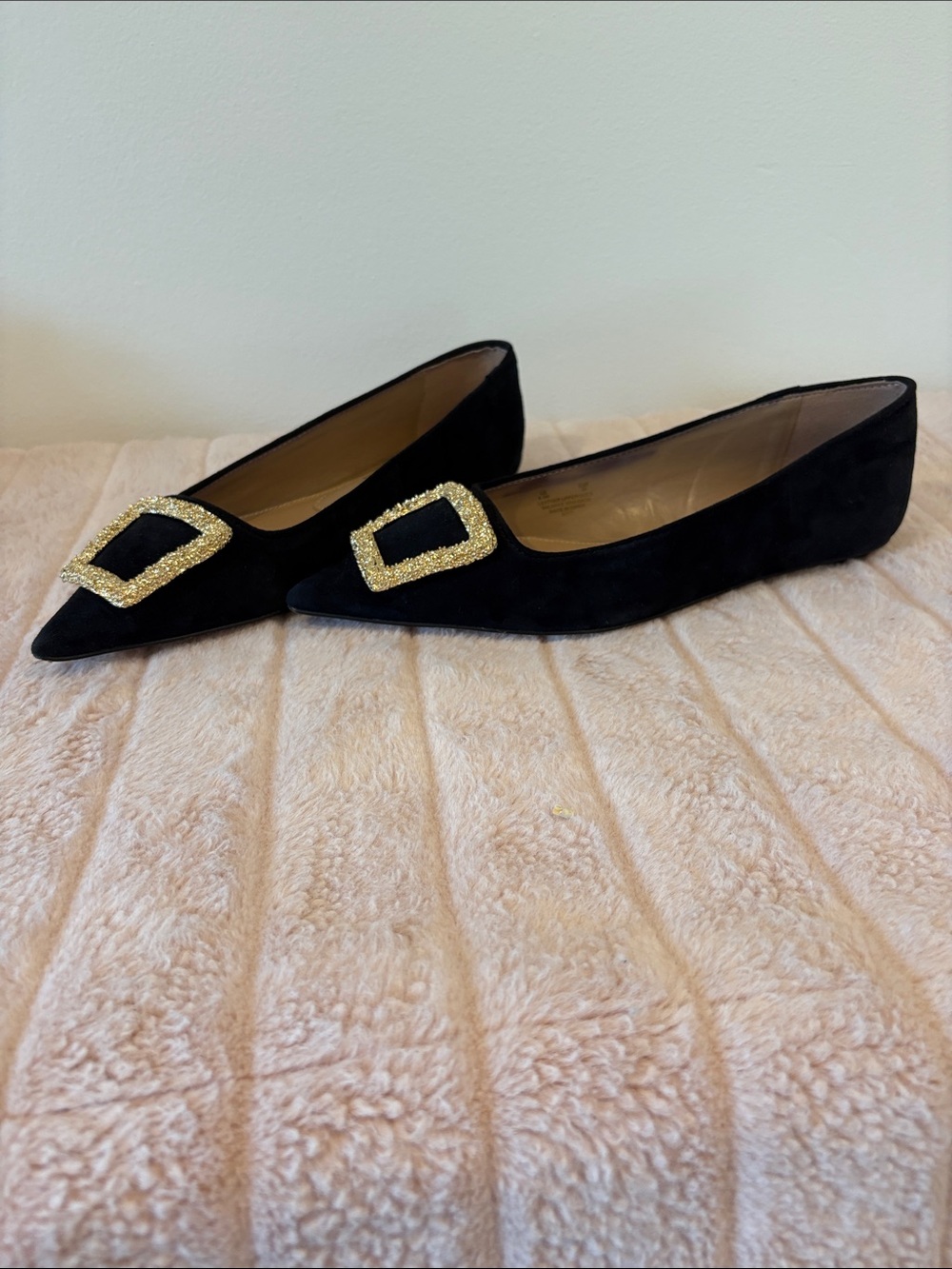 Sam Edelman Black Suede Pointed Toe Flats with Gold Buckle Detail - Picture 3 of 5